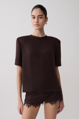 Harlyn Shoulder Pad Short Sleeve Satin Top - Dark Chocolate