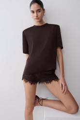 Harlyn Shoulder Pad Short Sleeve Satin Top - Dark Chocolate