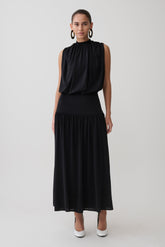 True Drop Waist Gathered Midi Dress - Black