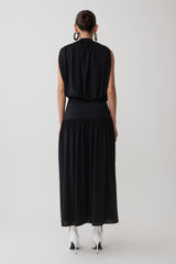 True Drop Waist Gathered Midi Dress - Black