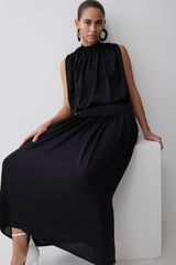 True Drop Waist Gathered Midi Dress - Black