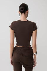 Anfie High Neck Top With Piping Detail - Dark Chocolate