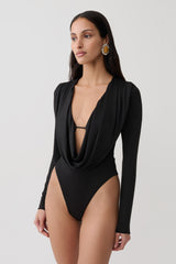 Ren Cowl Long Sleeve Slinky Bodysuit - Black