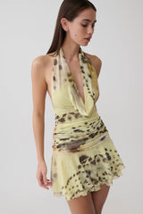 Adalee Mesh Halter Mini Dress - Yellow Floral Leopard Print