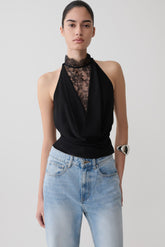 Arra Chiffon & Lace Halter Top - Black