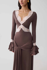 Electra Slinky Lace Maxi Dress - Chocolate/Ballet Pink