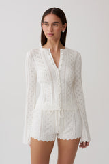 Darlene Pointelle Knit Long Sleeve Top - White