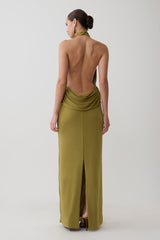 Joan Halter Neck Slinky Maxi Dress - Martini Olive
