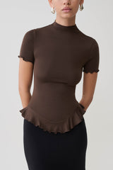 Nira Short Sleeve Ruffle Top - Dark Chocolate
