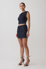Loraine Mid Rise Denim Mini Skirt - Indigo Pinstripe