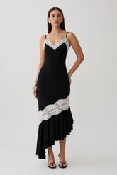 Annis Frilled Hem Lace Midi Dress - Black/White