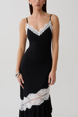 Annis Frilled Hem Lace Midi Dress - Black/White