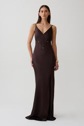 Maddison V Neck Satin Maxi Dress - Dark Chocolate
