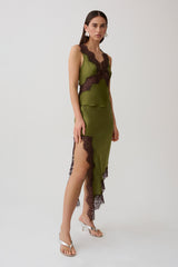 Amber Satin And Lace Midi Skirt - Olive