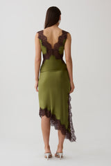 Amber Satin And Lace Midi Skirt - Olive