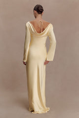 Eliza Long Sleeve Cowl Lace And Satin Maxi Dress - Lemon