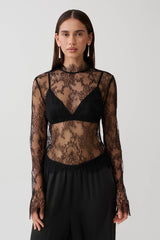 Alizette High Neck Long Sleeve Lace Top - Black