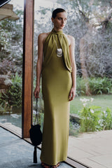 Joan Halter Neck Slinky Maxi Dress - Martini Olive