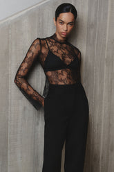 Alizette High Neck Long Sleeve Lace Top - Black