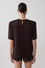 Harlyn Shoulder Pad Short Sleeve Satin Top - Dark Chocolate