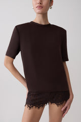 Harlyn Shoulder Pad Short Sleeve Satin Top - Dark Chocolate