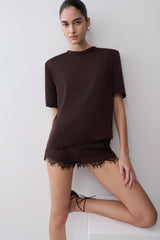 Harlyn Shoulder Pad Short Sleeve Satin Top - Dark Chocolate