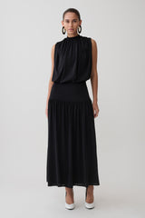True Drop Waist Gathered Midi Dress - Black