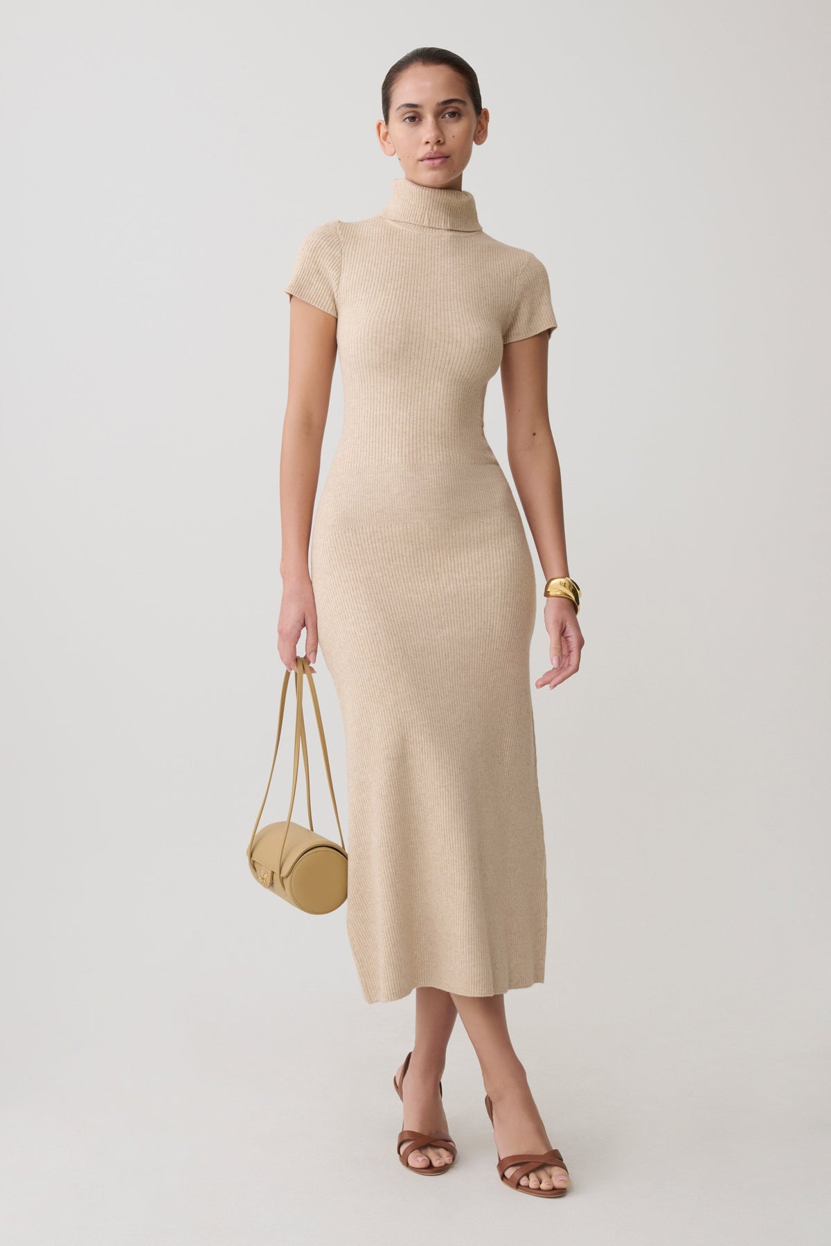 Goldie High Neck Knit Midi Dress - Camel