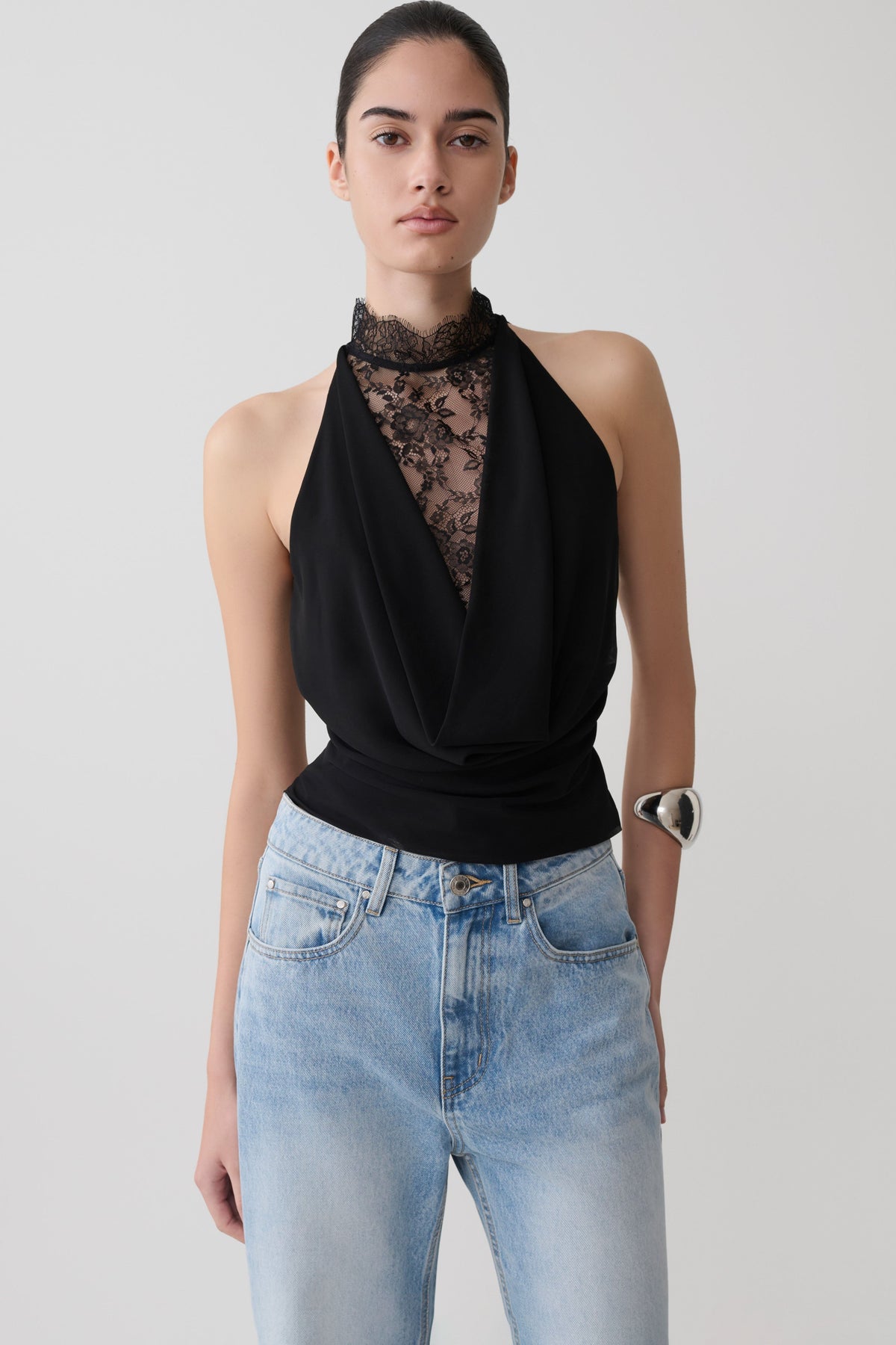 Arra Chiffon & Lace Halter Top - Black
