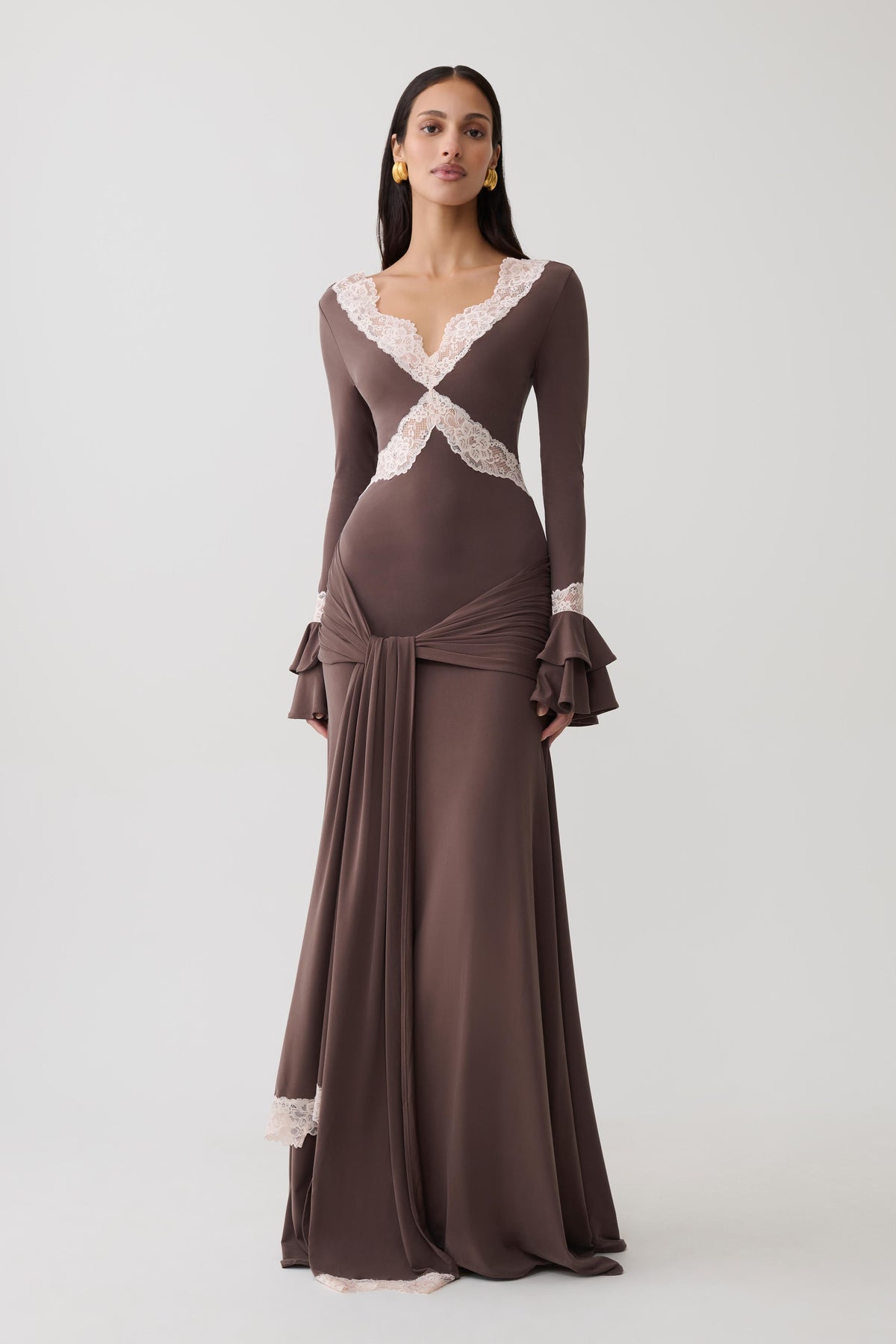 Electra Slinky Lace Maxi Dress - Chocolate/Ballet Pink