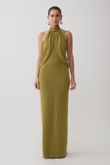 Joan Halter Neck Slinky Maxi Dress - Martini Olive