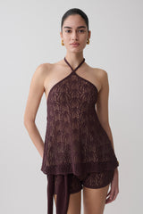 Corey Crochet Halter Neck Top - Chocolate