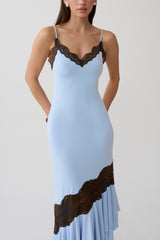 Annis Frilled Hem Lace Midi Dress - Cornflower/Chocolate