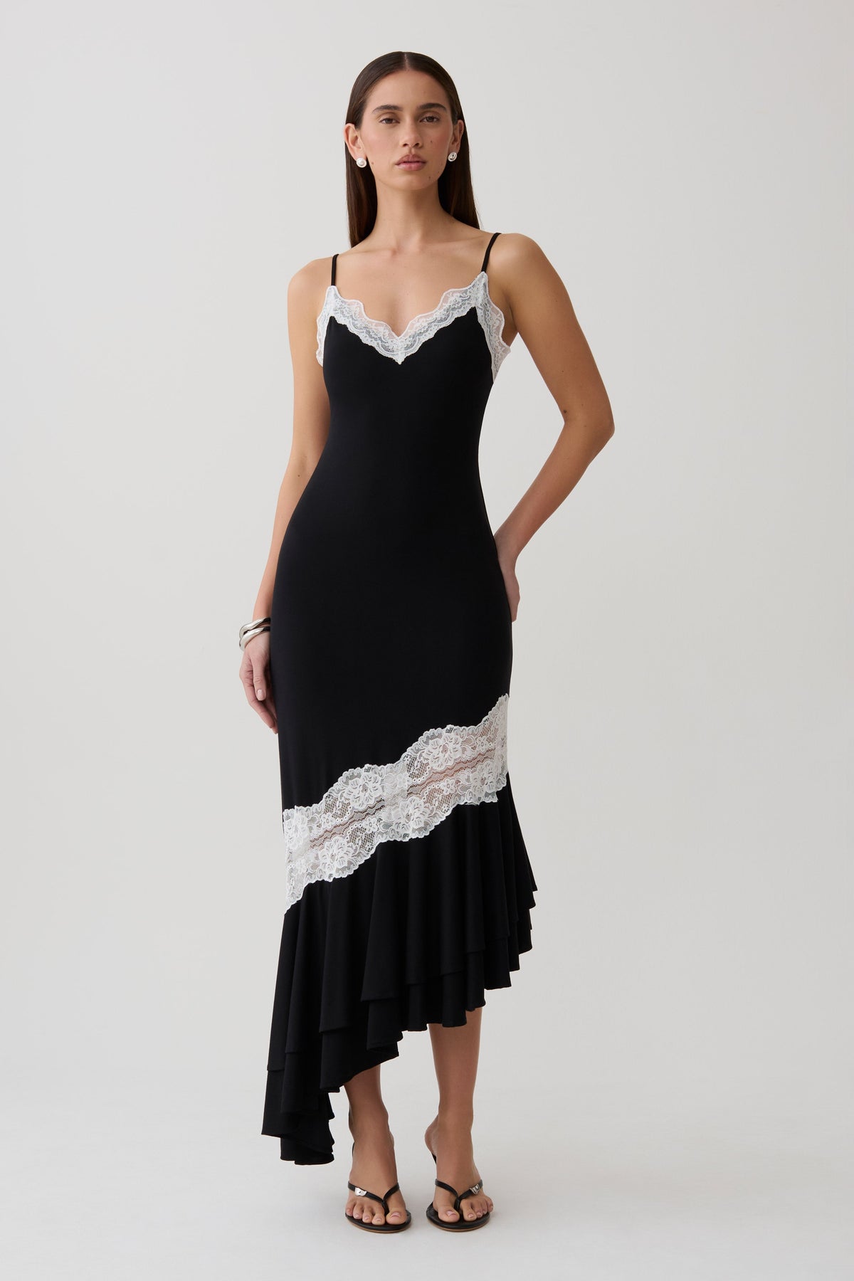 Annis Frilled Hem Lace Midi Dress - Black/White