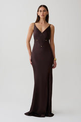 Maddison V Neck Satin Maxi Dress - Dark Chocolate