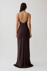Maddison V Neck Satin Maxi Dress - Dark Chocolate