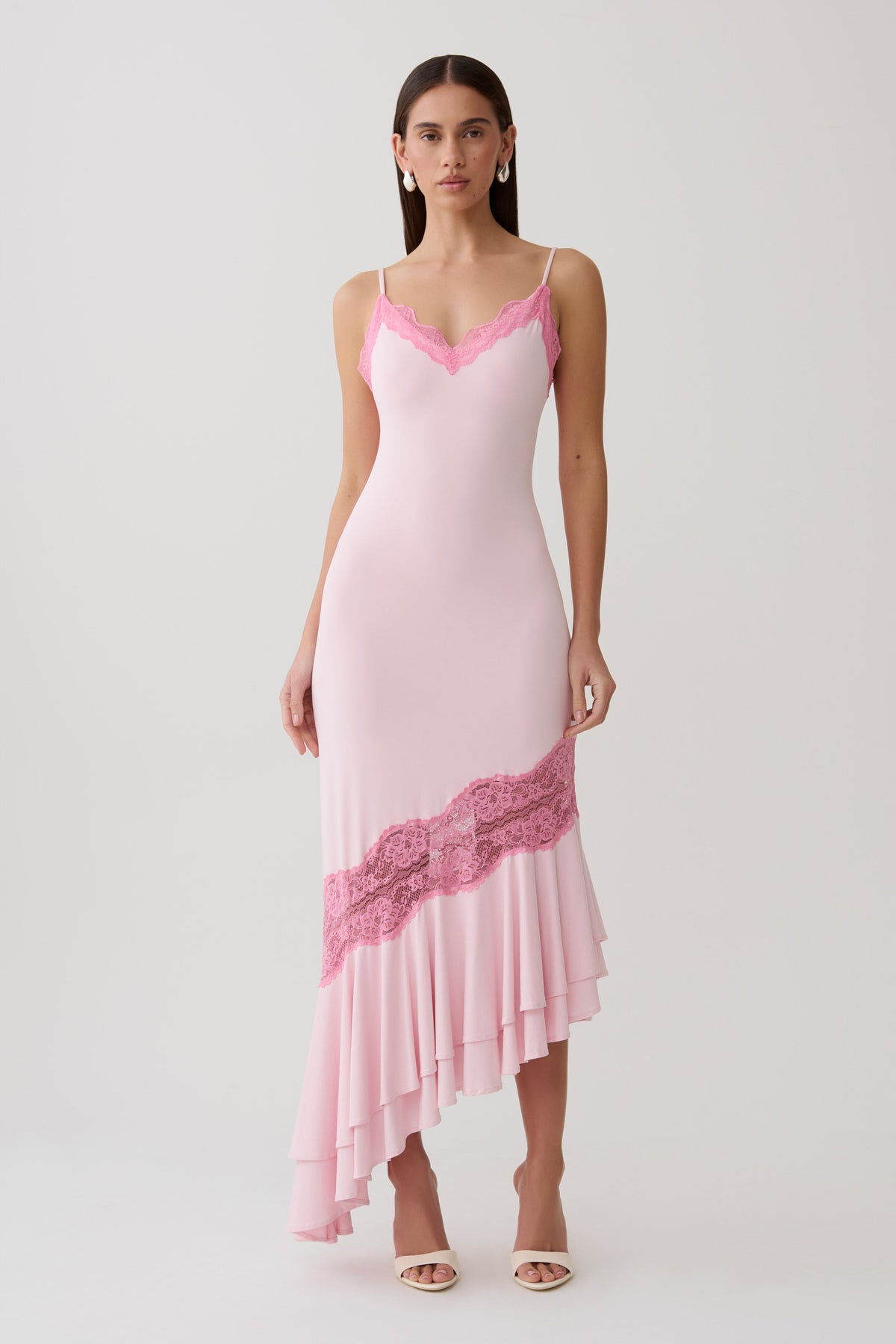 Annis Frilled Hem Lace Midi Dress - Pink