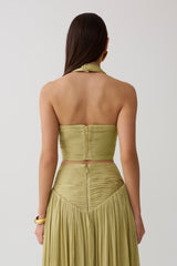 Makena Gathered V Neck Top - Green