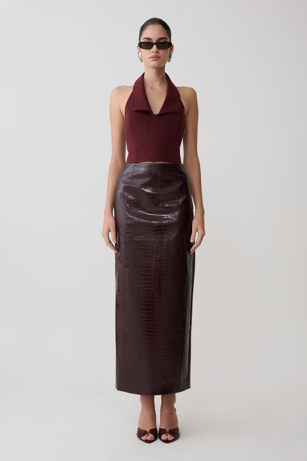 Thalia Croc Faux Leather Midi Skirt - Merlot