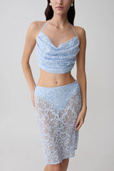 Kiara Pearl Beaded Cowl Crop Top - Powder Blue