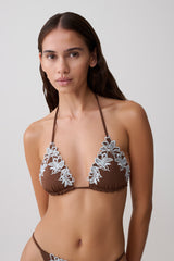 Bloom Embroidered Triangle Bikini Top - Chocolate With Pale Blue Embroidery