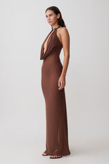 Ethal Mesh Cowl Neck Beaded Maxi Dress - Chocolate
