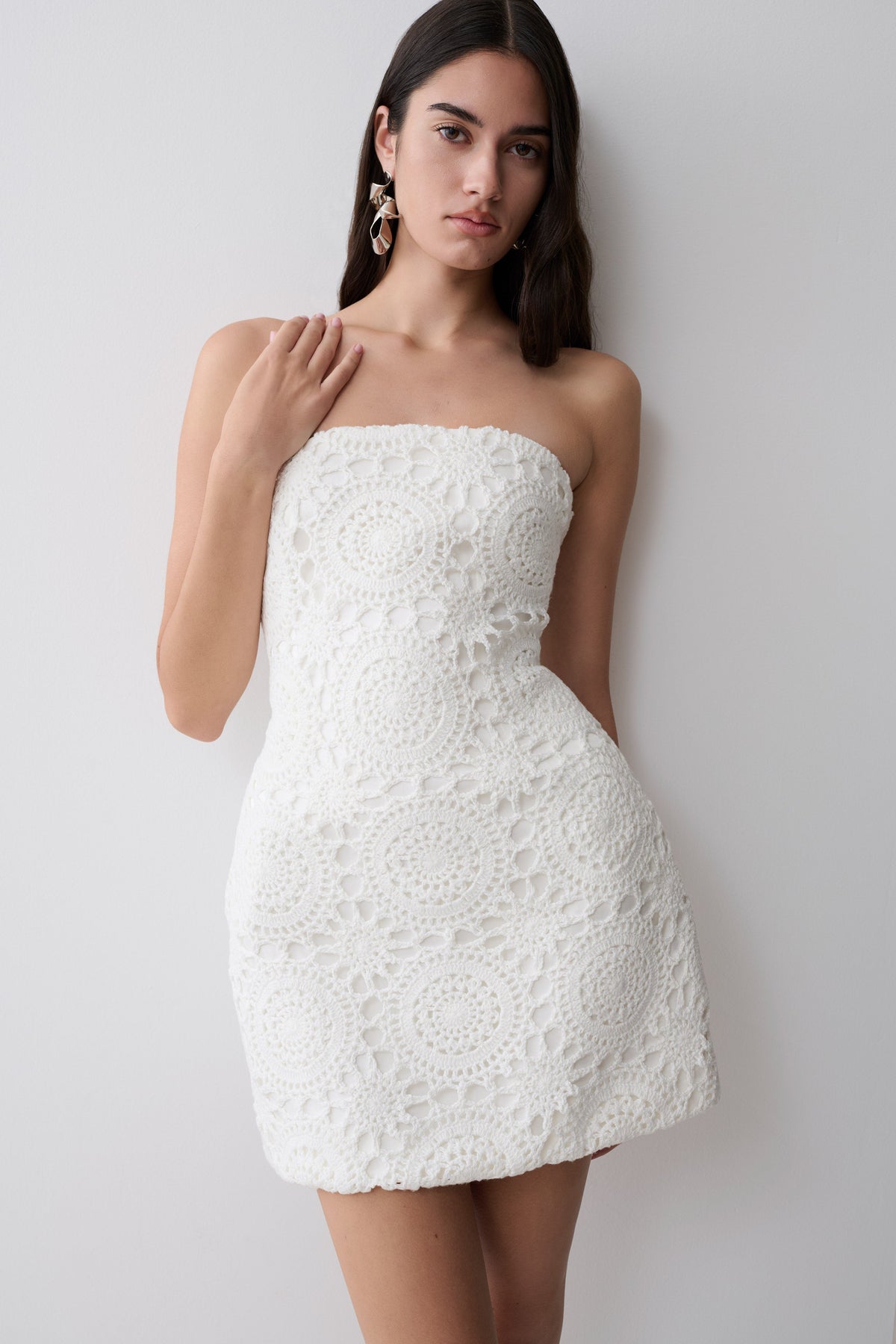 Stasia Strapless Crochet Mini Dress - White